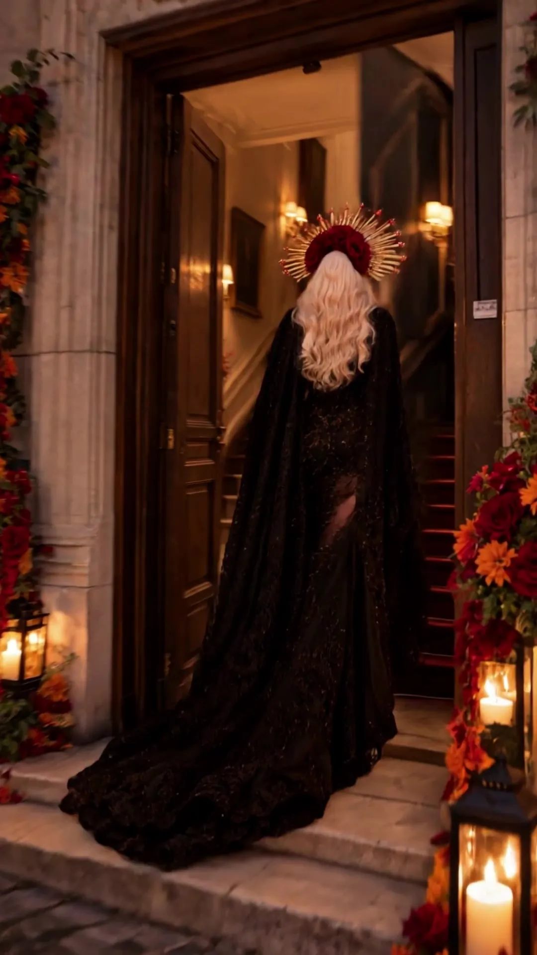 The marigold-decorated entrance to Maison du Cygne